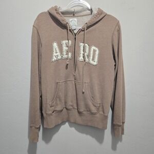 Y2K Aeropostale Hoodie Womens XL Brown Aero 1/4 Zip Logo Sweatshirt‎